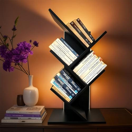 Godferyxin Tree Bookshelf with Liting,Small Bookshelf LED and Desktop Book Shelf Light for Office, Home or School Mini Bookcase for Wood Displaying Books, CDs, Magazines Wood Shelf Rack - color: 5tier-bookshelf Liting Black