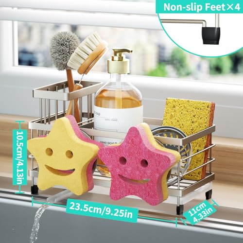 HapiRm Sink Caddy Sponge Holder - Self-draining Kitchen Sink Organizer with Smiley Face and Brush Holder, Stainless Steel Kitchen Sponge Caddy for Countertop - Brushed Nickel - color: Brushed Nickel, size: with Smiley Face Sponge Holder