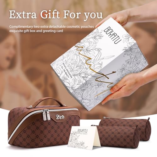 BOYATU Travel Makeup Bag Cosmetic Bags for Women: 3 Pcs Set Large Capacity Make up Bag with Handle - Vegan Leather Toiletry Bags with Compartments - Makeup Organizer for Travel Essentials(A-6-Brown) - color: A-6-Brown