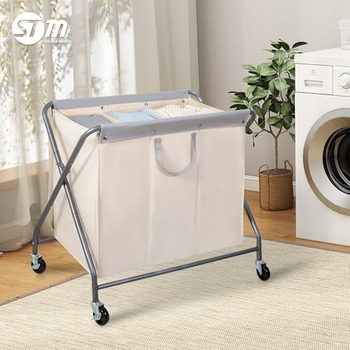 STORAGE MANIAC 160L Collapsible Laundry Hamper with Wheels, Rolling Laundry Basket, Heavy Duty Cloth Sorter with Removable Bag, Folding X Frame Clothes Organizer Cart for Easy to Store, 3 Section - size: 3 Section