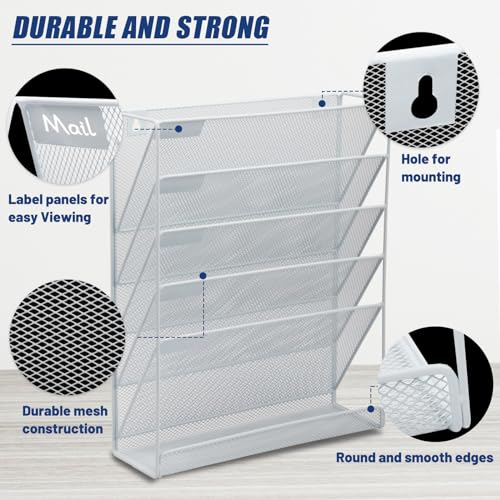 EASEPRES Desk File Organizer Mesh 6-Tier, Hanging Wall Mount Document Organization Stand, Desktop Vertical Mail Paper Folder Holder Rack with Bottom Tray for Office Home Cubicle Countertop, White - color: White, size: 6 Tier