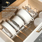 OMIO Expandable Pots and Pans Organizer Rack Under Cabinet, 12"-22" Adjustable Lid Holder with 7 Stainless Steel Dividers, White ABS Kitchen Storage for Lids, Pans, Cutting Boards - color: White Gray