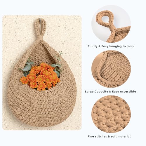 Hanging Storage Baskets Boho Decor Set of 3, Handmade Cotton Rope Wall-Mounted Fruit & Vegetable Baskets, Decorative Hanging Organizers for Kitchen, Entryway, Bathroom & Bedroom - color: Linen