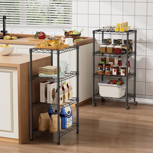 Golpart Small 4 Tier Shelves Storage Wire Shelving Unit Metal Shelf Adjustable Organizers Storage Shelving with Wheels for Bathroom Laundry Room Kitchen Pantry12”D x 18”W x 44.8”H Black - color: Black, size: 4 shelves (12 "D X 18 "W X 44.8 "H)