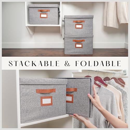 3 Pack Large Fabric Storage Boxes with Lids (15.75" x 11.25" x 11.25") - Decorative Bin with Lid, Label Holder, Faux Leather Handles - Large Storage Boxes for Organizing Clothes, Blankets - Grey - color: Steel Grey