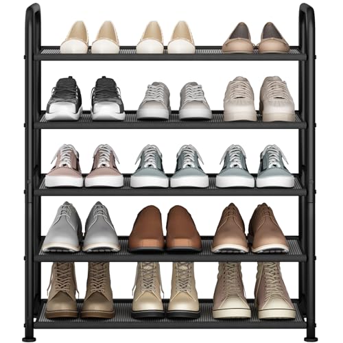 STO STO 5-Tier Shoe Rack with Sturdy Mesh Shelves, Heavy Duty Metal Shoe Organizer for Entryway, Closet, Garage, Front Door, Holds 15 Pairs, Free Standing Shoe Storage Shelf, Adjustable Feet, Black - size: 5-Tier Standard