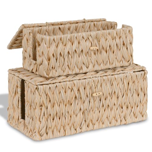 efluky 2 Pack Plastic Cable Management Boxes, Hand-Woven Cord Organizer Box with Lid, 2 Open Slots Cable Organizer Basket to Hide Power Strip and Charger for Home & Office and Dorm,Natural - color: Plastic Natural