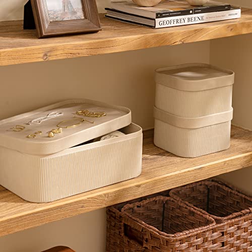 LA JOLIE MUSE Fluted Cardboard Storage Baskets with Leather-Like Lids, Sturdy Stackable Paper Boxes Decorative Tray, Light Grey, Set of 3 - color: Gray