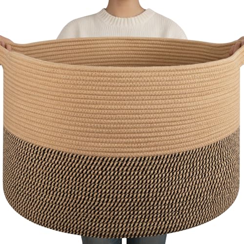 OIAHOMY 90L XXXLarge Blanket Basket for Living Room, 21.7" x 13.8" Woven Cotton Rope Laundry Basket for Organizing Pillows, Decorative Stuffed Animal Toy Storage Bin for Nursery, Jute and Black - color: Jute and Black, size: 21.7"D x 13.8"H