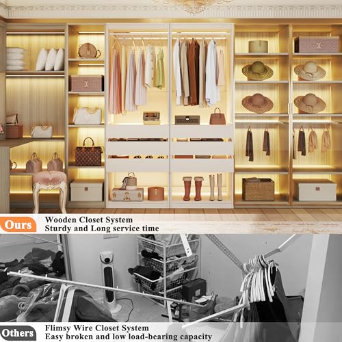 HUAHUU Freestanding 2FT Closet System with 3 Wood Drawers & Glasstop, 24" Closet Organizer System with Hanging Rod & LED Lights, Walk-in Closet Systems for Small Closets, White (24"L x 16" W x 80" H)