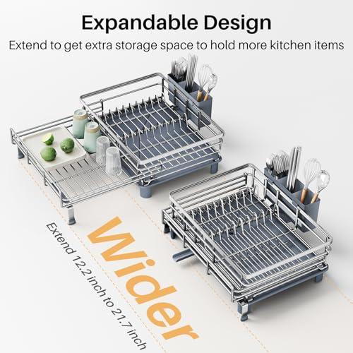 SNTD Dish Drying Rack - Extendable Dish Rack, Large Sink Drying Dish Drainer for Kitchen Counter, Stainless Steel Dish Strainer with Utensil Holder (Silver) - color: Silver
