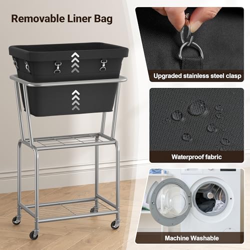 ELYKEN Rolling Laundry Hamper with Wheels, Laundry Cart with Removable Bag, Heavy Duty Metal Frame, 2-Tier Clothes Basket Hamper with Shelf for Closet, Bedroom, Bathroom, Laundry Room, Black - color: Black, size: 20.3"l X 15.9"w X 30.9"h