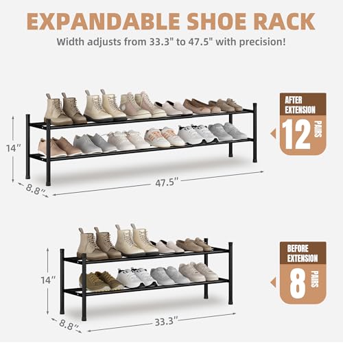 STORAGE MANIAC Long Expandable Shoe Rack, 12 Pairs Metal Wide Stackable Shoe Rack, Adjustable Shoes Shelf, Freestanding Shoes Organizer for Closet, Entryway, Hallway, Garage, Front Door, 2 Tiers - size: 2-tier