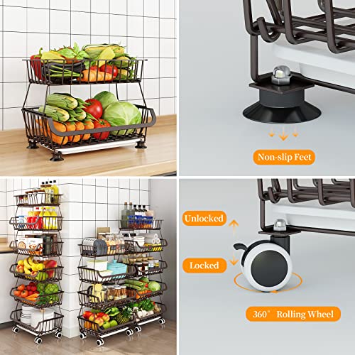 Miyawell Fruit Vegetable Storage Basket for Kitchen - 6 Tier Stackable Metal Wire Baskets Cart with Rolling Wheels Utility Fruits Rack Produce Snack Organizer Bins for Pantry Bathroom Laundry Bronze - color: 6 Tier-bronze