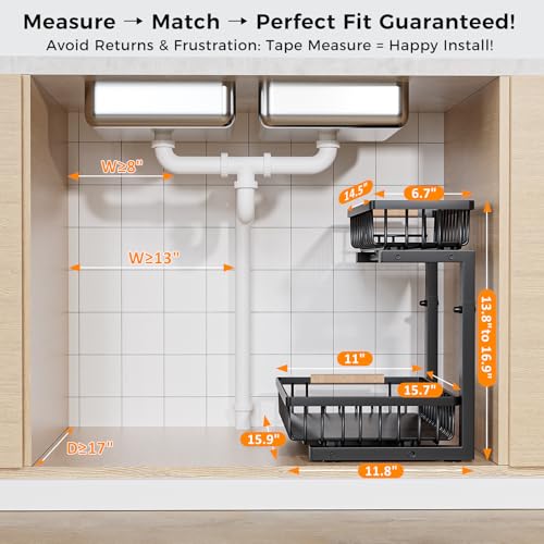 Under Sink Organizer,2 Pack Under Kitchen Sink Organizer,2 Tier Sliding-Out,5 Level Height Adjustable,Thickened Carbon Steel,Anti-Rust Treatment,for Kitchen Bathroom Black