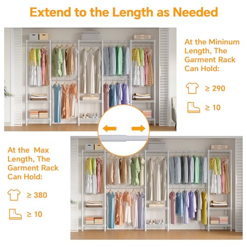 Higeego H11 Heavy Duty Garment Rack, Clothing Rack for Hanging Clothes, Extra Large Closet, Freestanding Wardrobe Closet Organizer and Storage with Hanger Rods, Extendable from 7.8 to 10.8 ft, White - color: White, style: 5 Row