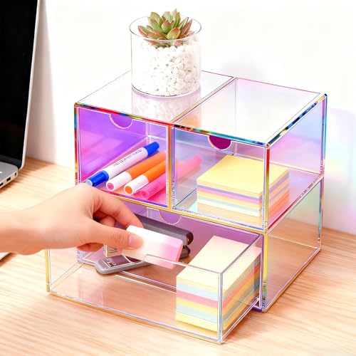 Gelite Desk Organizer with 3 Storage Drawers for Makeup Office Acrylic Desktop Drawer Organizer for Vanity Office Organization and Storage Box, Iridescent - color: Iridescent