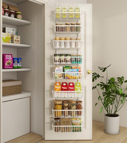 Mefirt White 12 Inch Wide Narrow Over The Door Pantry Organizer, Pantry Organization and Storage, 8-Tier Metal Hanging Deep Basket Wall Spice Rack Seasoning Shelves, Home & Kitchen Essentials - color: White, size: 8-Tier (12"W)