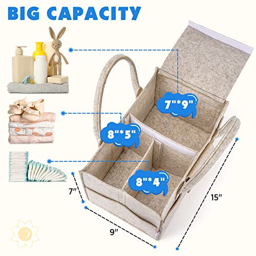Maliton Baby Diaper Caddy Organizer with Handles, Felt Caddy for Changing Table, Newborn Essentials Bin with Lid - color: Khaki with lid, size: Large