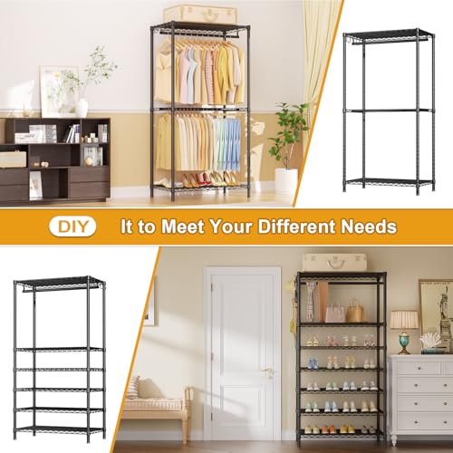 Ulif E13 Pro Heavy Duty Clothes Rack（With 4 Hanger Rods & 8 Shelves） Freestanding Clothing Racks for Hanging Clothes，Adjustable Closet，Metal Garment Rack 75" W x16 D x77 H，Max Load 1000LBS，Black - color: Black, size: E13 Pro