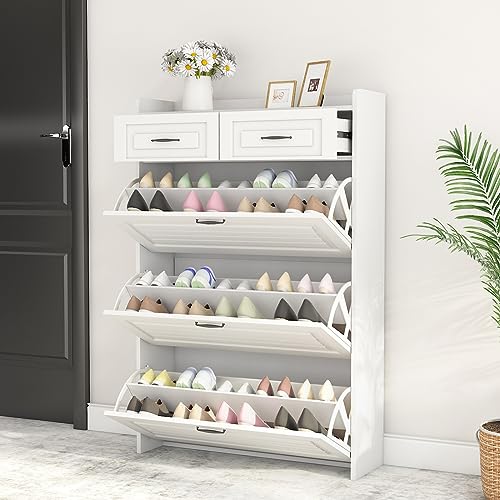 Lakifun Narrow Shoe Organizer Cabinet with 3 Large Flip Drawers & 2 Storage Drawers - Slim Shoe Storage for Entryway, Hallway, Bedroom, Apartment, White - color: Lvory White