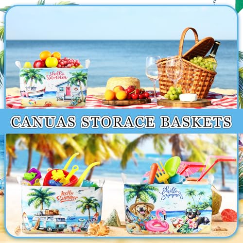 Geelin 3 Pcs Beach Baskets Summer Storage Basket for Gifts Collapsible Waterproof Canvas Cute Storage Bin Organizer with Handles for Book Closet Shelf Nursery Decor - style: Beach