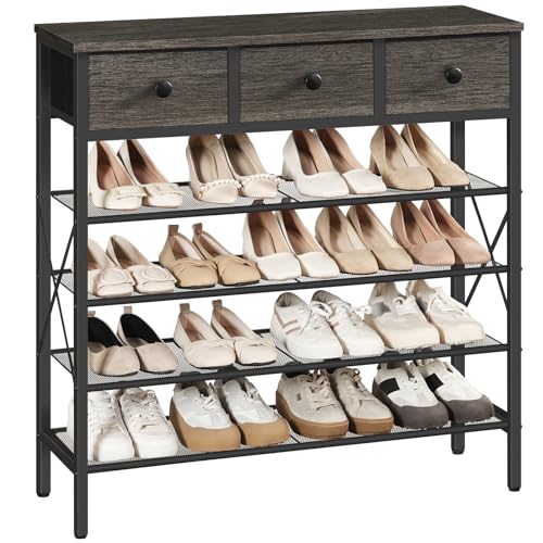 YATINEY 5-Tier Shoe Rack with 3 Drawers, Metal Shoe Organizer for 20 Pairs with Storage Shelves and Wooden Top, for Entryway, Hallway, Foyer, Closet, Charcoal and Black SS35BC - color: Charcoal + Black, size: 5 Tiers (37.6"H)