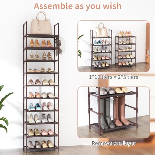 LANTEFUL 10 Tiers Tall Shoe Rack 20-25 Pairs Boots Organizer Storage Sturdy Narrow Shoe Shelf for Entryway, Closets with Hooks, Brown - color: Brown, size: 10 Tier-68" High-17" Wide