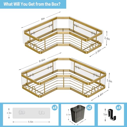 AKTECKE Corner Shower Caddy Organizer Shelf: 2Pack Adhesive Shower Rack, No Drilling Stainless Steel Shower Storage Shelves for Bathroom Kitchen (Gold) - color: gold, size: 9.6"×9.6"×2.6"