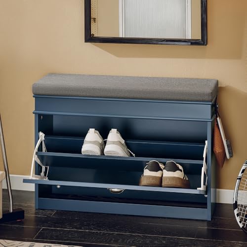 Haotian Shoe Storage Bench with Cushion, Navy Narrow Shoe Rack for Entryway, Small Shoe Cabinet with Flip-Drawer, Closet Hallway Mudroom FSR82-L-B - color: Navy, size: 1 Drawer:29.5x9.4x20"