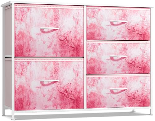 Sorbus Kids Dresser with 5 Drawers - Storage Chest Organizer Unit with Steel Frame, Wood Top & Handles, Tie-dye Fabric Bins for Clothes - Wide Furniture for Bedroom Hallway Kids Room Nursery & Closet - color: Pink Tie Dye, style: 5-Drawer