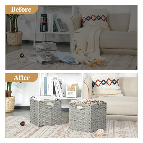 DULLEMELO Wicker Storage Cubes for Organizing 11x11x11 Inch Woven Storage Basket with Liner, Set of 2 Cube Storage Baskets for Shelves, Laundry Basket with Handles, Light Grey - color: Light Grey, size: 11in-2 pack