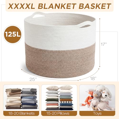 XXXXL 125L Extra Large Blanket Basket, 23.6" x 16.9" Jumbo Woven Cotton Rope Storage Basket with Handles, Laundry Hamper, Toy Storage for Living & Play Room(White & Brown) - color: White & Brown