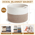 XXXXL 125L Extra Large Blanket Basket, 23.6" x 16.9" Jumbo Woven Cotton Rope Storage Basket with Handles, Laundry Hamper, Toy Storage for Living & Play Room(White & Brown) - color: White & Brown