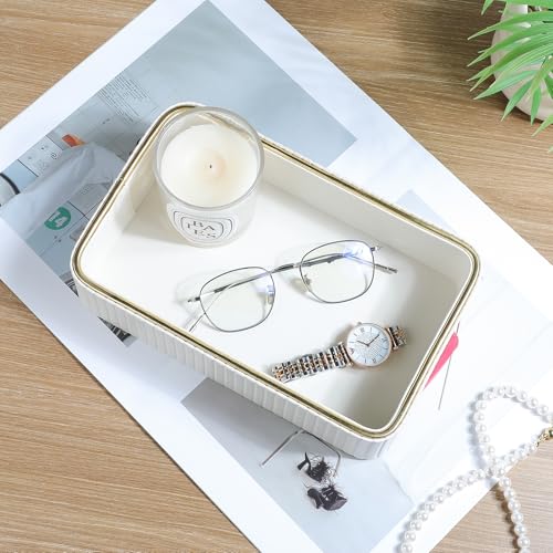 Desk Organizer Tray, PU Leather Nightstand Organizer Perfume Valet Tray for Men Women, Decorative Vanity Trays Trinket Dish Key Bowl for Entryway Table (Ivory, Small) - color: Ivory, size: 9.5" x 6" x 2.2"