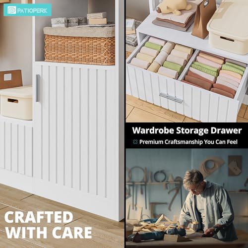 PatioPerk Closet System,Closet Organizer with Hanging Rods & Storage Shelves,Wardrobe Clothes Rack with Drawers and coat tree, Modern Garment Rack for Dressing Room, Hallway, White
