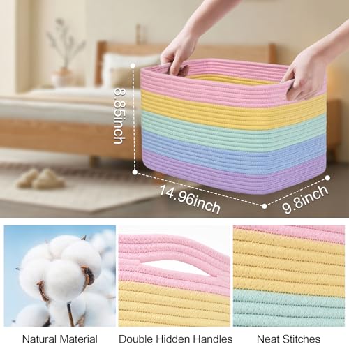Baskets for Organizing,Storage Baskets,3 Pack Baskets for Shelfves,15"×10"×9" Woven Rainbow Basket,toy storage bins,bins for organization - color: Pastel Rainbow