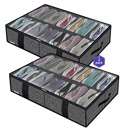 Onlyeasy 2 Pack Under Bed Shoe Storage Organizers with Handles & Clear window (Fit 14 +14 Pairs), Sturdy Underbed Box Organizer Shoe Storage Bags for Kids & Adults, Linen-like Black, MXAUBS14S14 - color: 2 Shoes (14+14 Cells) Linen-like Black