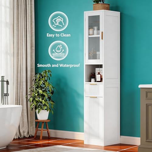 Einhomn 67" Tall Bathroom Storage Cabinet with Removable Laundry Basket & Shelf, Narrow Bathroom Cabinet Storage with Glass Door and Drawer, for Bathroom, Living Room, Entryway, Kitchen, White