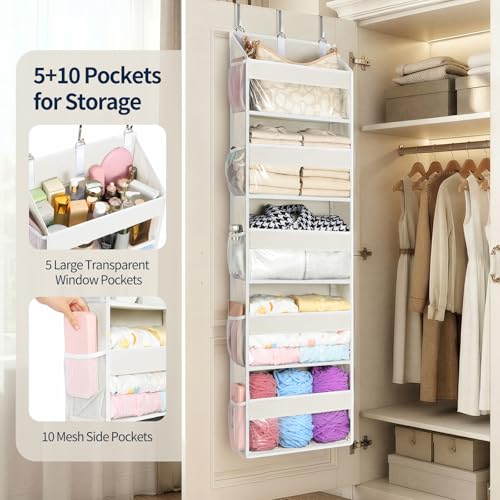 Yecaye 5 Tier Clear Over the Door Organizer Hanging, 5 Large Plastic Pockets and 10 Side Pockets Back of Door Organizer, 56lbs Weight Capacity Behind the Door Storage for Nursery, Ivory White - color: Ivory White