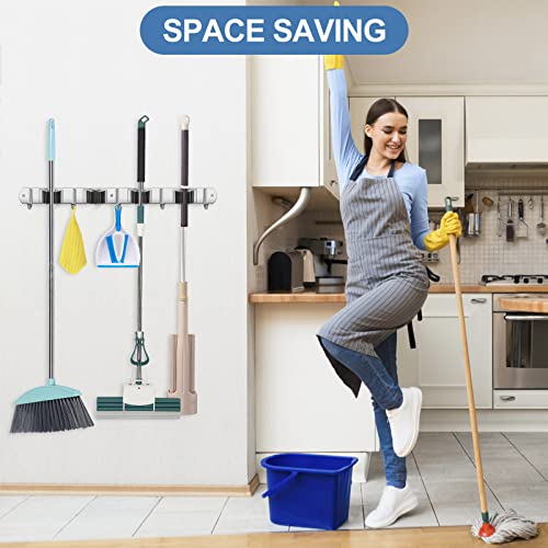 IMILLET Broom Holder Wall Mounted, Stainless Steel Broom Mop Holder Self Adhesive Heavy Duty Hooks Storage Organizer for Home Laundry Room Garden Garage Closet Kitchen 1 Pack（4 Racks with 5 Hooks） - color: 4 Racks with 5 Hooks, size: 1 Pack