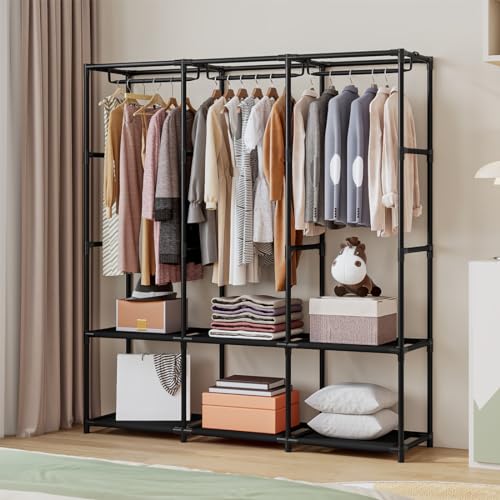 SORCEDAS Portable Closet Wardrobe Storage Organizer Metal Hanging Rack Non-Woven Fabric 50 Inch (Black) - color: Black, size: 50 Inch