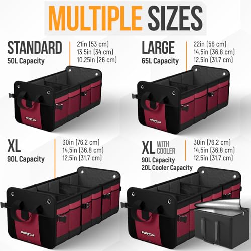 FORTEM Trunk Organizer For SUV Car Organizer and Storage, Multi-Compartment Storage Bag Car Accessories for Women Men, Perfect Christmas Gifts, 1680D Oxford, Non Slip Bottom, Straps, Soft Cover (90L) - color: Red, size: Standard (50L)