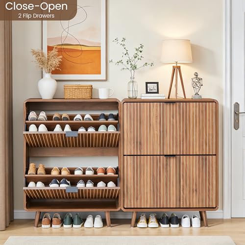 FurSch Fluted Shoe Storage Cabinet with 2 Flip Drawers, Narrow Shoe Rack Cabinet Organizer with Adjustable & Removable Shelves for Entryway (All Walnut, 2 Drawers) - color: All Walnut, size: 2 Drawers