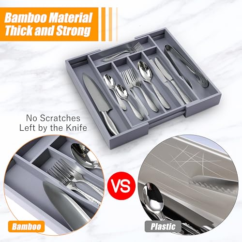 Kitchen Silverware Drawer Organizer and Storage Bamboo Wood Cooking Utensil Holder Cutlery Knife Jewelry Spice Rack Spoon Fork Multi Cabinet Organization Bathroom Counter Expandable Adjustable Tray - color: Gray, size: 7 Slots Expandable