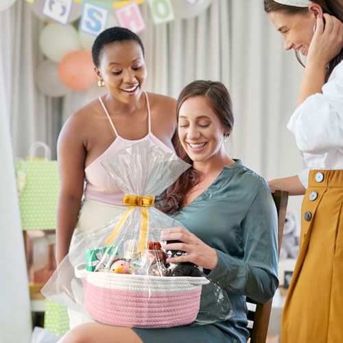 2 Pack Small Woven Basket with Gift Bags and Ribbons, Empty Decorative Gift Chest Box, Cute Baby Gift Basket for Nursery, Cotton Rope Room Shelf Storage Basket with Handles, All 12"x 8"x 5", Pink - color: Pink