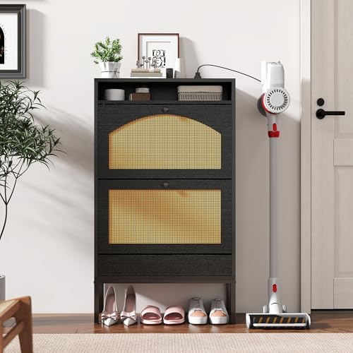 YIKEHOME 23.5" Shoe Storage Cabinet with 2 Rattan Flip Drawers, Freestanding Slim Shoe Organizer with Built-in Recessed Power Strip for Entryway, Foyer, Hallway, Black