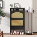 YIKEHOME 23.5" Shoe Storage Cabinet with 2 Rattan Flip Drawers, Freestanding Slim Shoe Organizer with Built-in Recessed Power Strip for Entryway, Foyer, Hallway, Black