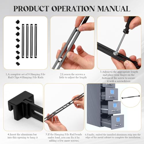 12 Pcs Metal Adjustable File Cabinet Rails Set Include 8 Hanging File Rail Clips 4 Cabinet Dividers Bars Suitable for Cabinets with Drawer Thickness Less Than 1/8 Inch(Black,10-18 Inch) - color: Black, size: 10-18inch