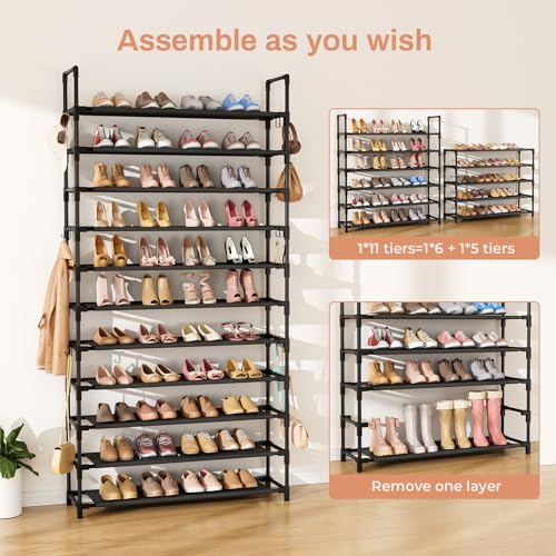 LANTEFUL 11 Tiers Tall Shoe Rack Holds 55 Pairs of Shoes with 18pcs Hooks Sturdy Wide Shoe Organizer Storage Free Standing Metal Shoe Shelf for Closet, Entryway Black - color: Black, size: 11 Tier-74.8" High-34" Wide